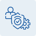 Blue line icon showing a person, a shield with a checkmark, and a gear, representing user security or privacy settings, on a light blue background.