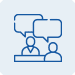 A blue line drawing shows two people sitting at a table, each with a speech bubble above their head, depicting a conversation or discussion on a light blue background.