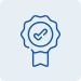 Blue outline icon of a ribbon-shaped badge with a checkmark in the center, set against a light blue background.