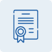 Blue outlined icon of a certificate or document with a ribbon seal at the bottom left, displayed on a light blue background.