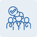 Blue outline icon showing three people in business attire. The front figure has a checkmark in a speech bubble above their head, suggesting approval or leadership. The background is a light blue square.