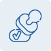 Blue line icon of a stamp pressing down on a check mark, set against a light blue background.