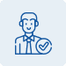Blue line drawing of a person wearing a shirt and tie, smiling, with a check mark inside a circle next to them, on a light blue background. The image represents approval or verified status.