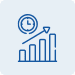 A blue icon shows a bar graph with four ascending bars and an upward arrow. Above the graph is a clock, suggesting progress or growth over time. The background is light blue.